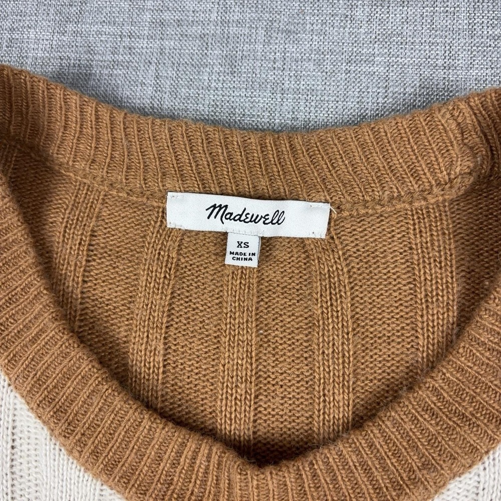 Madewell Sweater Dress Womens XS White Tan Ribbed Long Sleeve Knit Crew Neck - Picture 3 of 5